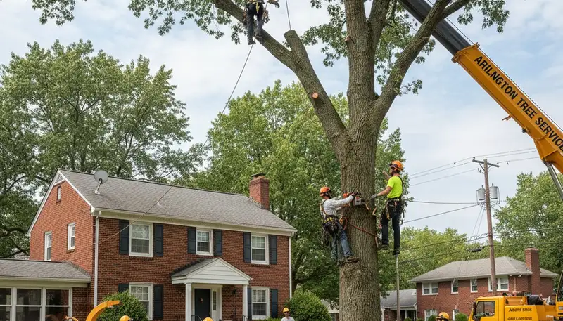 Arborists performing professional tree removal with crane at Arlington TX home for safe tree service