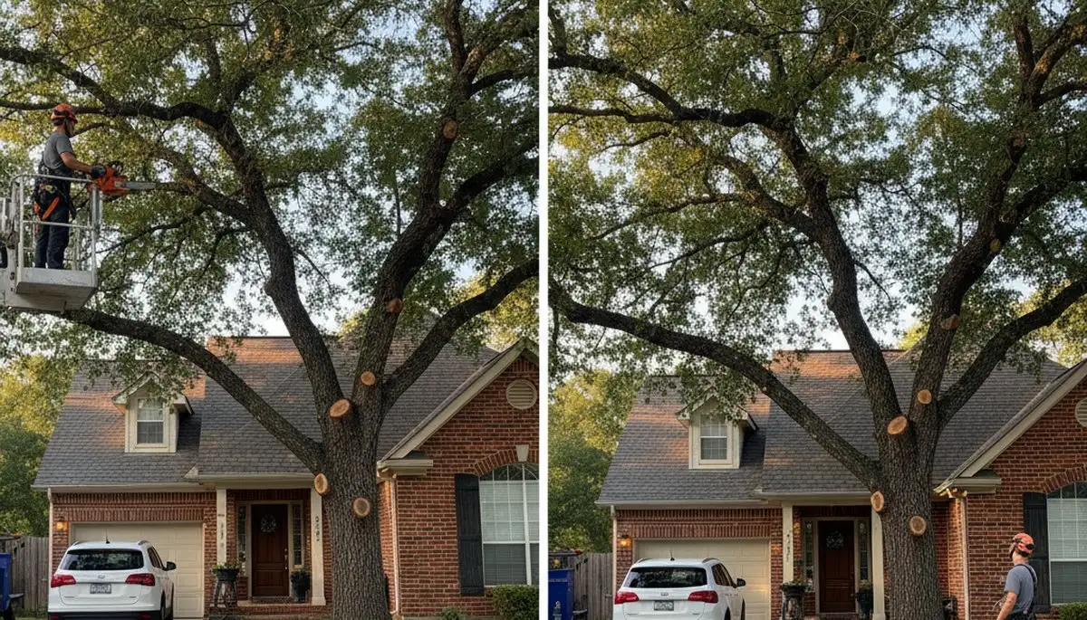 Arborist lifting tree canopy for driveway clearance in Arlington, TX tree trimming service