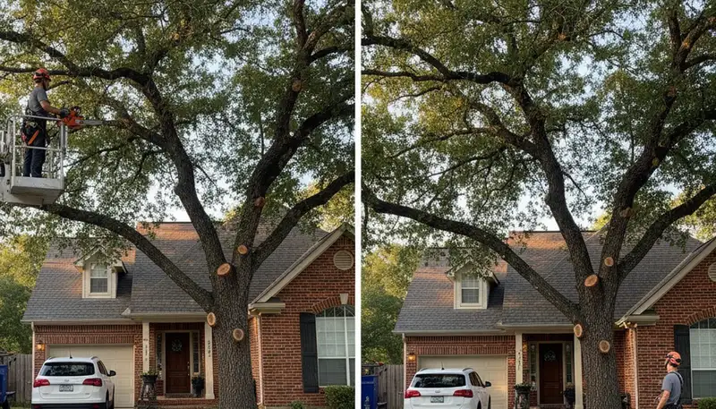 Arborist lifting tree canopy for driveway clearance in Arlington, TX tree trimming service