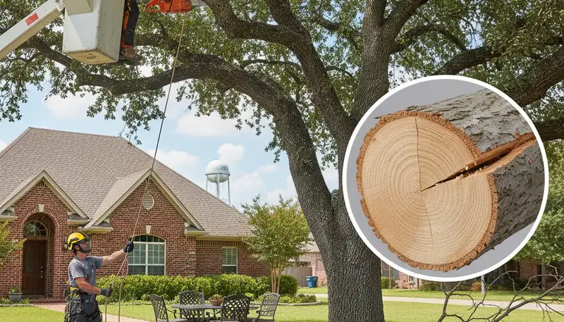 Arborists performing deadwood removal on oak tree in Arlington, TX for safe residential tree care