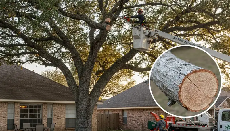 Arborist removing dead branches during tree trimming in Arlington, TX with bucket truck and safety gear