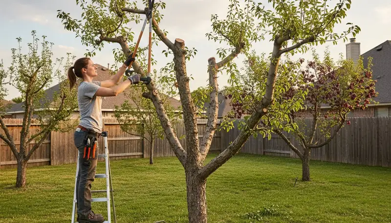 Arborist pruning fruit tree for better yield using pro tools in Arlington, TX backyard orchard