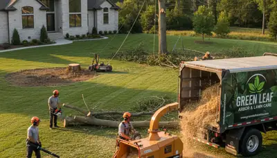 Professional lawn and tree service team maintaining residential yard in Arlington, TX