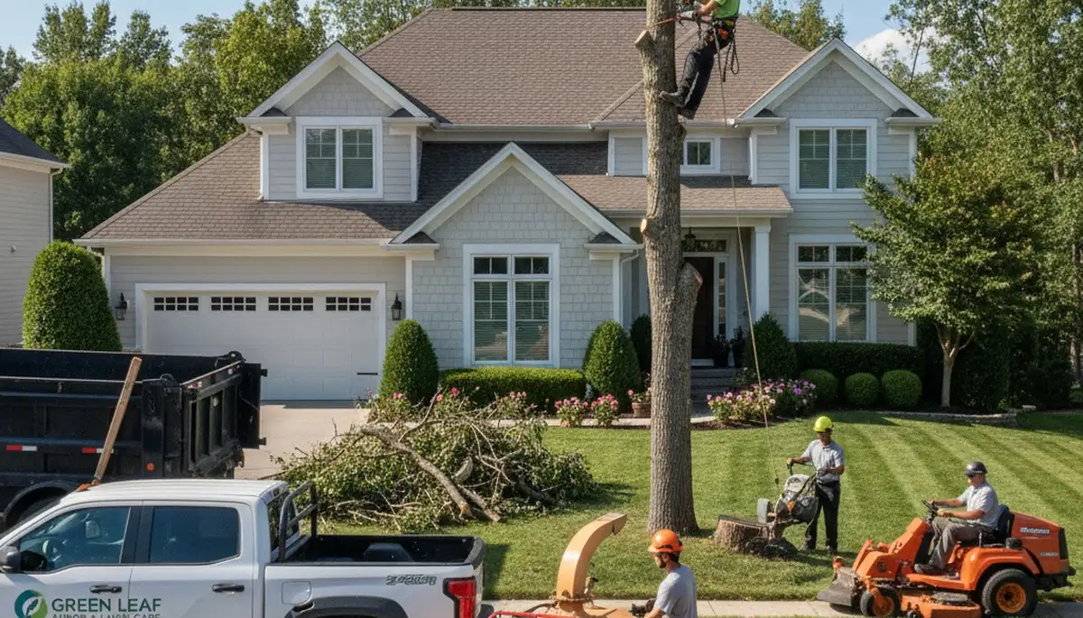 Professional lawn and tree service crew working in Arlington, TX yard for Chop Chop Tree