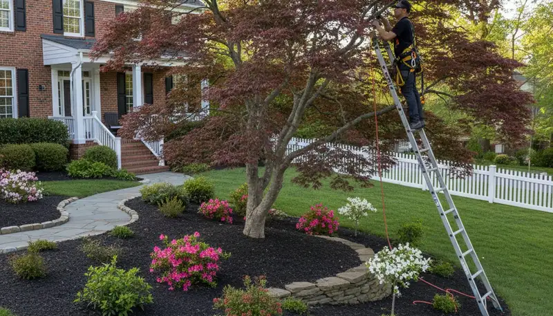 Arborist hand pruning ornamental Japanese maple for curb appeal in Arlington, TX yard