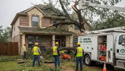 Emergency tree removal crew clearing storm-damaged trees in Cedar Hill, TX near Arlington homes