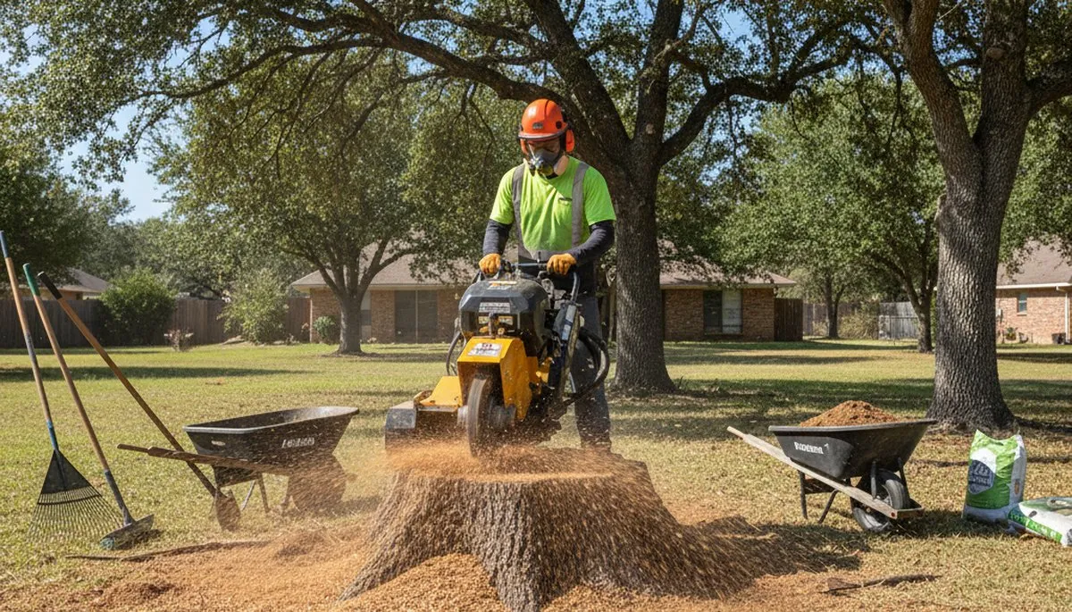 Professional stump grinding service removing tree stump in Cedar Hill, TX by Arlington tree removal experts