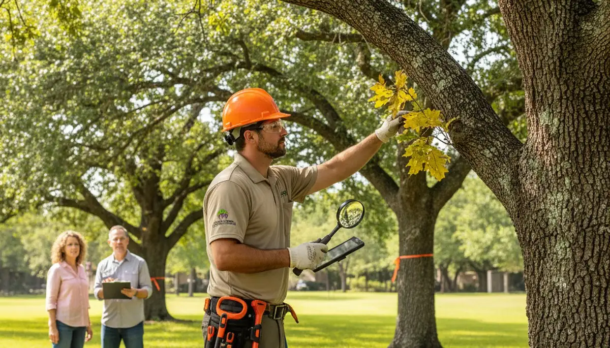 Certified arborist performing tree health assessment for homeowners in Cedar Hill, TX