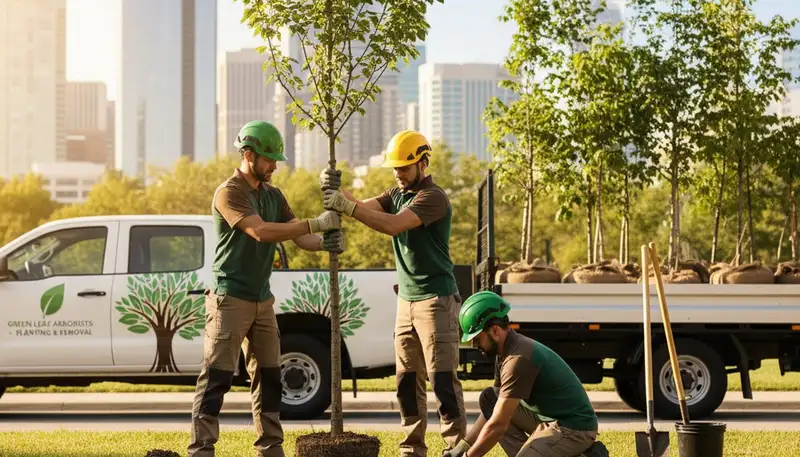 Professional arborist planting young tree in Arlington, TX for Chop Chop Tree service