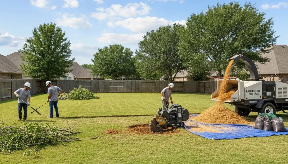 Professional tree removal cleanup and yard restoration in Arlington TX with stump grinding and mulch