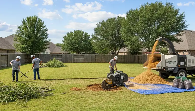 Professional tree removal cleanup and yard restoration in Arlington TX with stump grinding and mulch