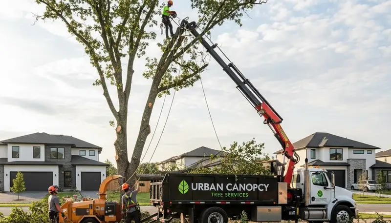 Arlington TX tree removal crew safely cutting down large oak tree in residential yard