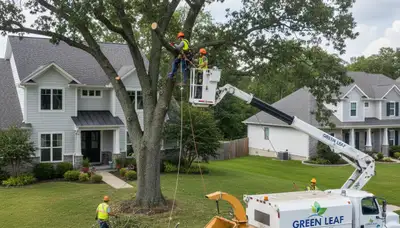 Professional tree removal in Arlington TX with experts trimming storm-damaged oak and cedar trees