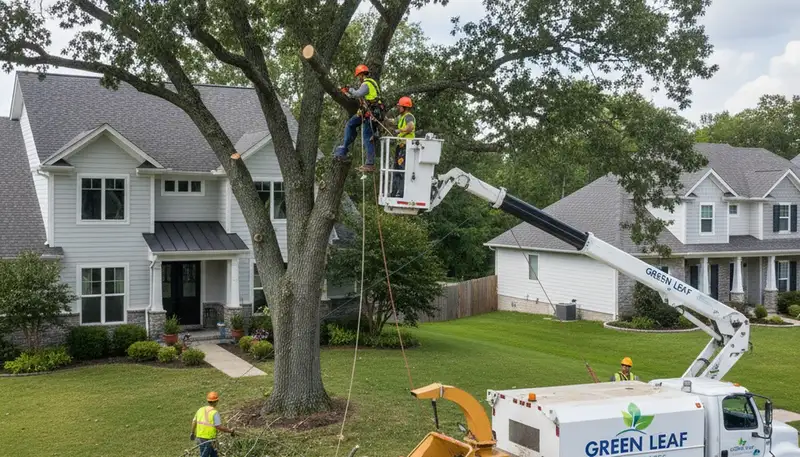 Professional tree removal in Arlington TX with experts trimming storm-damaged oak and cedar trees