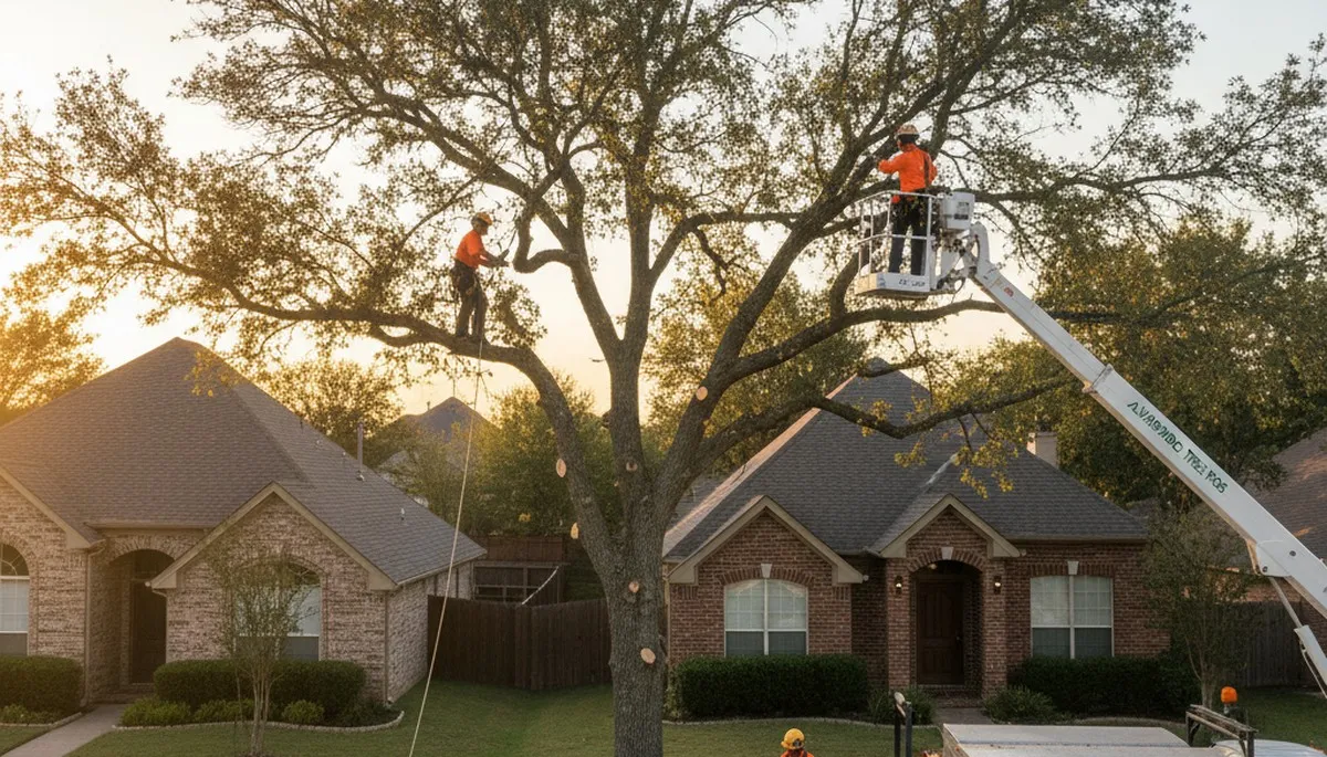 Professional tree removal team cutting large oak tree in Arlington, TX yard