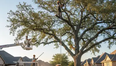 Professional tree removal service crew working safely in Arlington TX neighborhood yard