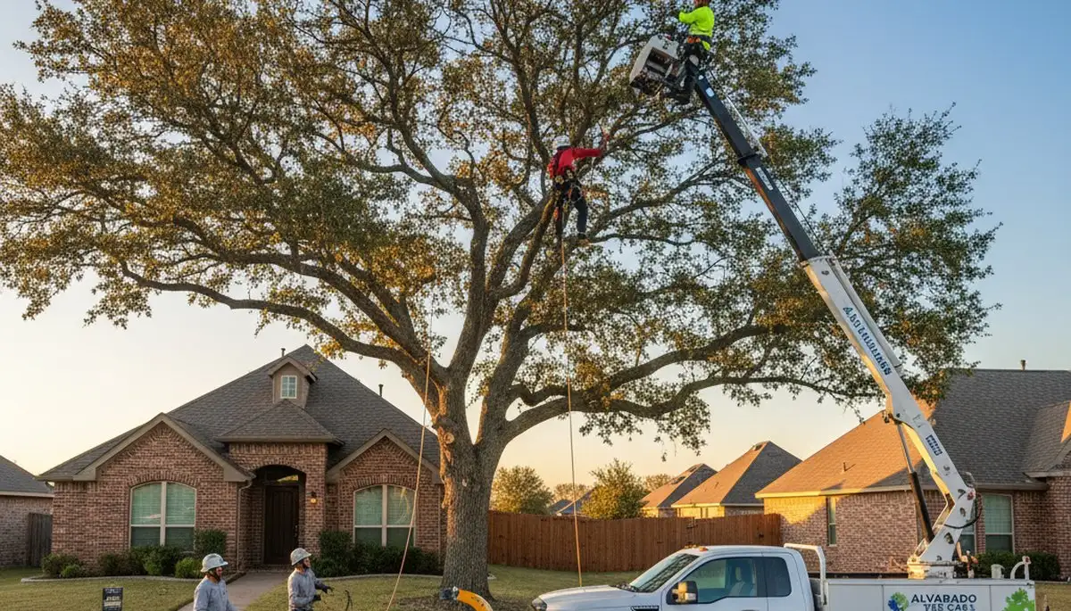 Professional tree removal service team working in Arlington TX yard