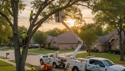 Professional tree removal service team clearing large oak in Arlington TX yard