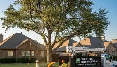 Professional tree removal service crew working safely in Arlington, TX residential neighborhood