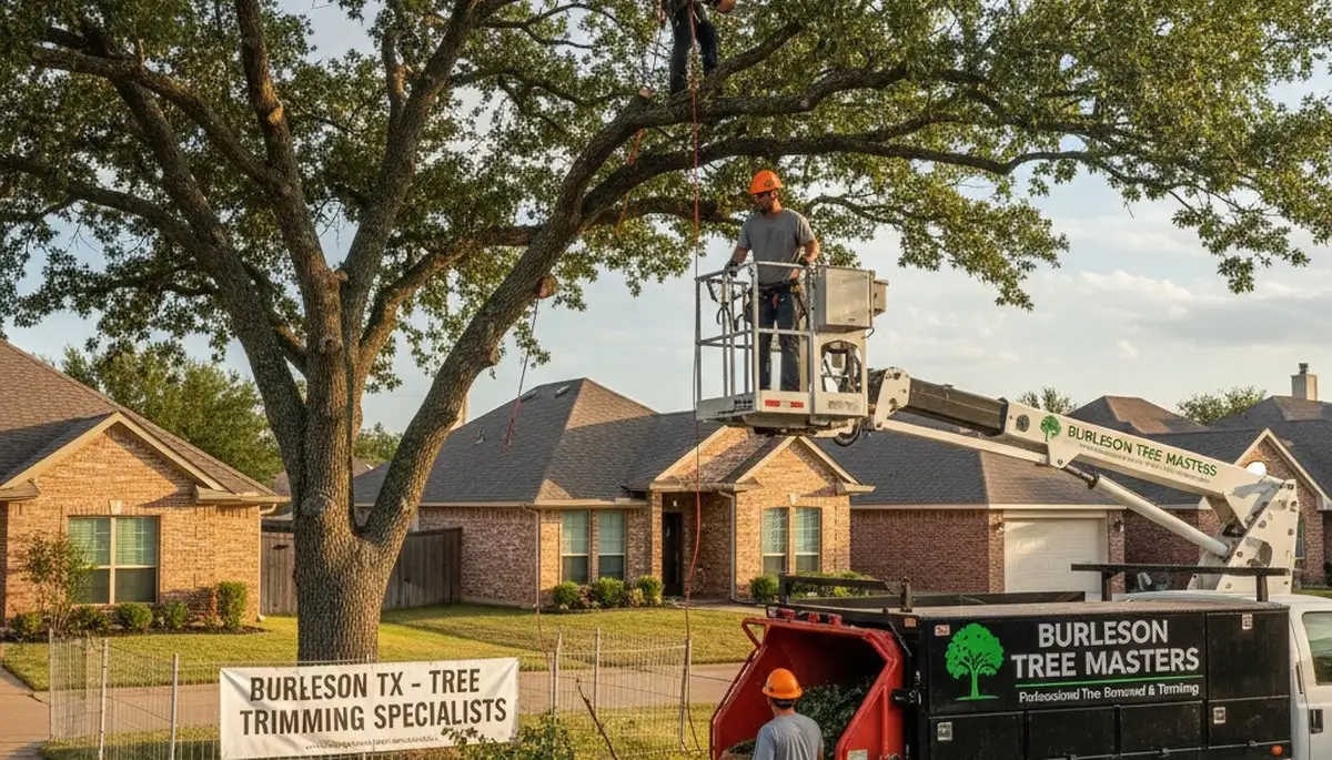 Professional tree removal crew working safely in Arlington TX yard