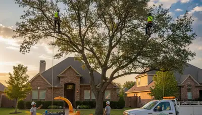 Professional tree removal team working safely in Arlington TX residential area