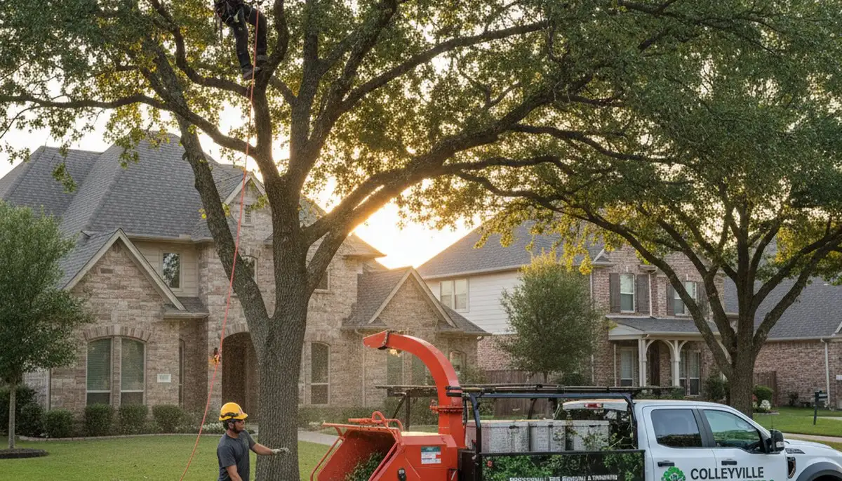 Professional tree removal service crew working safely in Arlington, TX yard