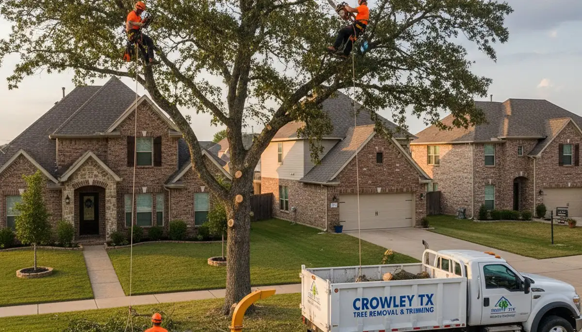 Professional tree removal service in Arlington TX safely cutting large oak tree