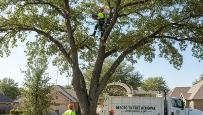 Professional tree removal service in Arlington TX safely cutting and clearing large oak tree