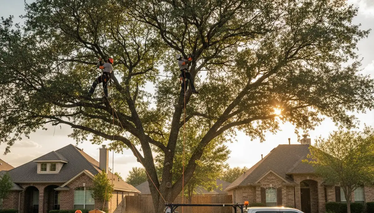 Professional tree removal service in Arlington TX safely cutting down a large oak tree