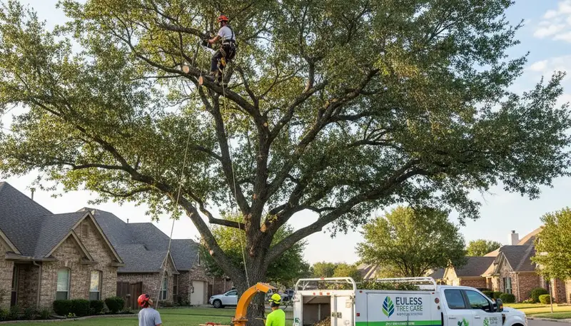 Professional tree removal service in Arlington TX safely cutting and clearing large oak tree
