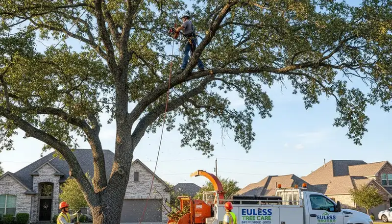 Professional tree removal team working safely in Arlington TX residential yard