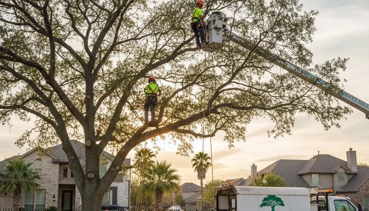 Professional tree removal service in Arlington TX safely cutting down large oak tree