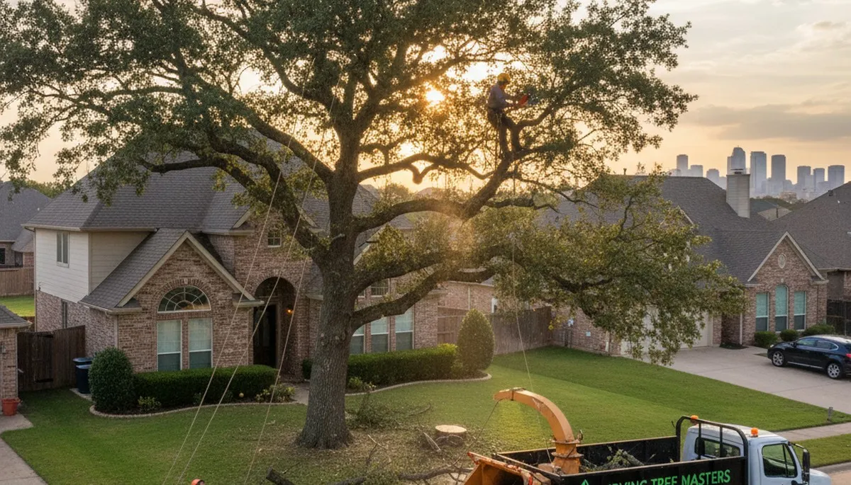 Professional tree removal service in Arlington TX clearing large oak near residential property