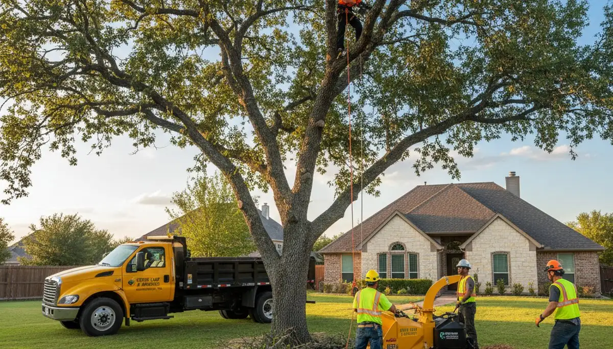 Professional tree removal service crew working safely in Arlington, TX residential area