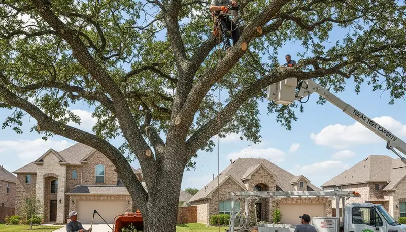 Professional tree removal crew working safely in Arlington TX yard