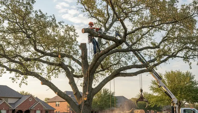 Professional tree removal service crew working safely in Arlington, TX neighborhood
