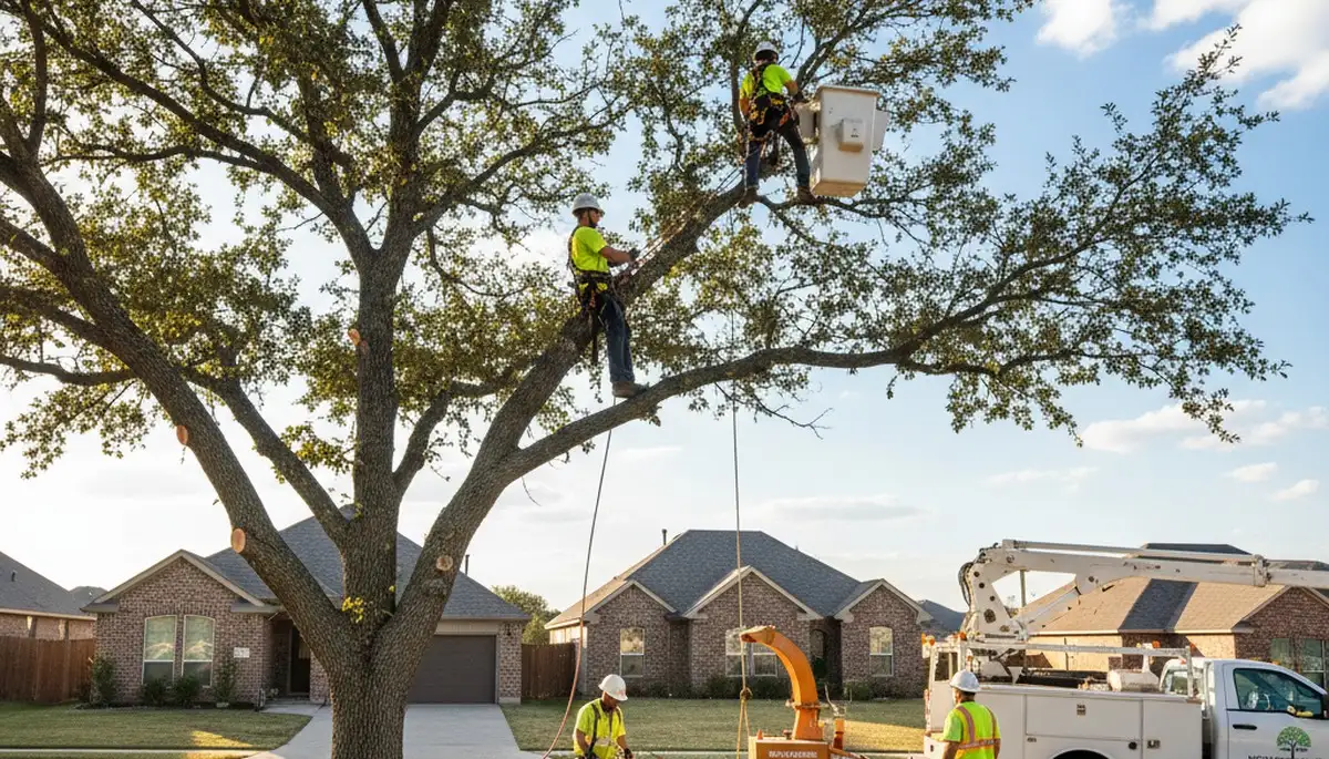 Professional tree removal service crew working safely in Arlington TX yard
