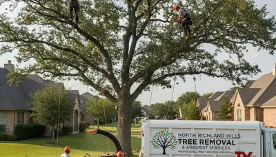 Professional tree removal service in Arlington TX safely cutting large oak tree branches