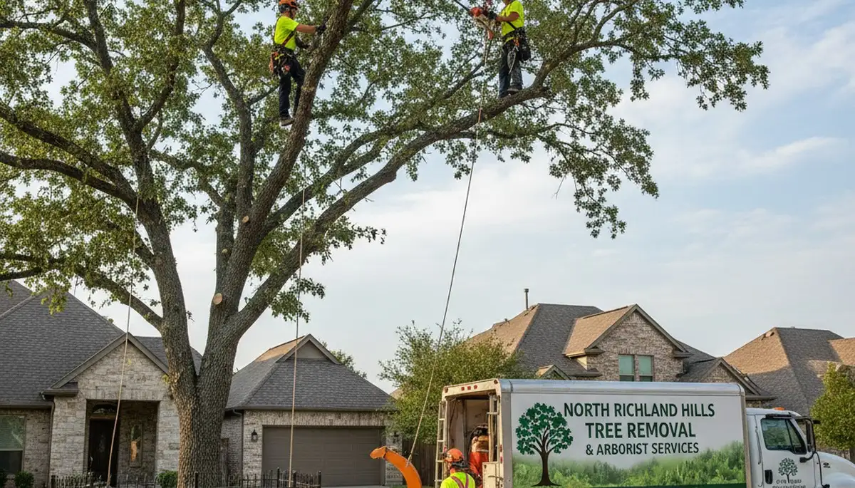 Professional tree removal service in Arlington TX safely cutting and clearing large oak tree