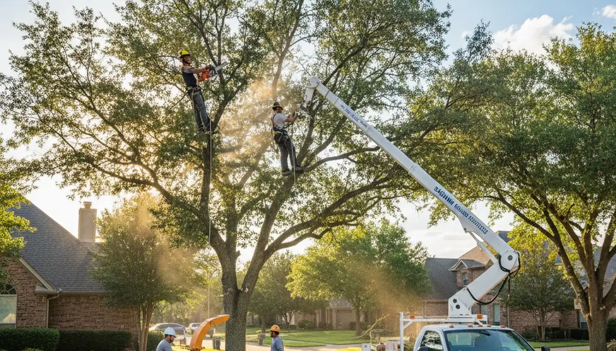 Professional tree removal service in Arlington, TX safely cutting down a large oak tree
