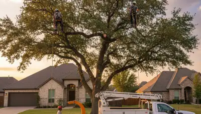 Professional tree removal service crew working safely in Arlington TX yard